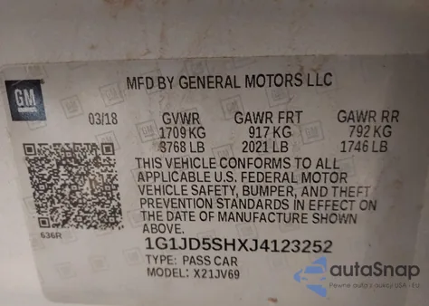 2018 Chevrolet Sonic Lt Auto z USA, uszkodzony, nr VIN 1G1JD5SHXJ4123252